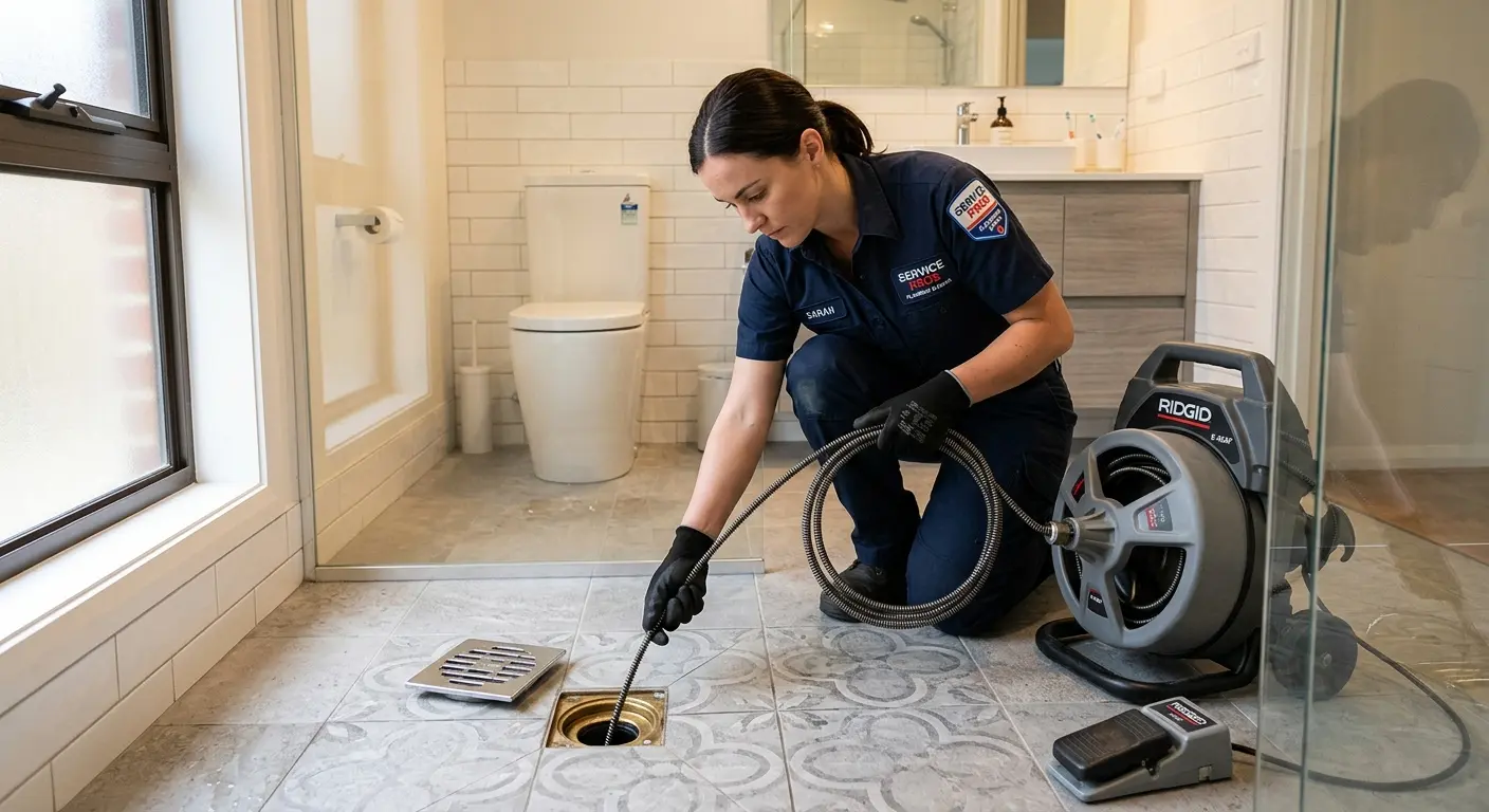 Technician clearing a bathroom floor drain for Sewer Line Replacement in Durham